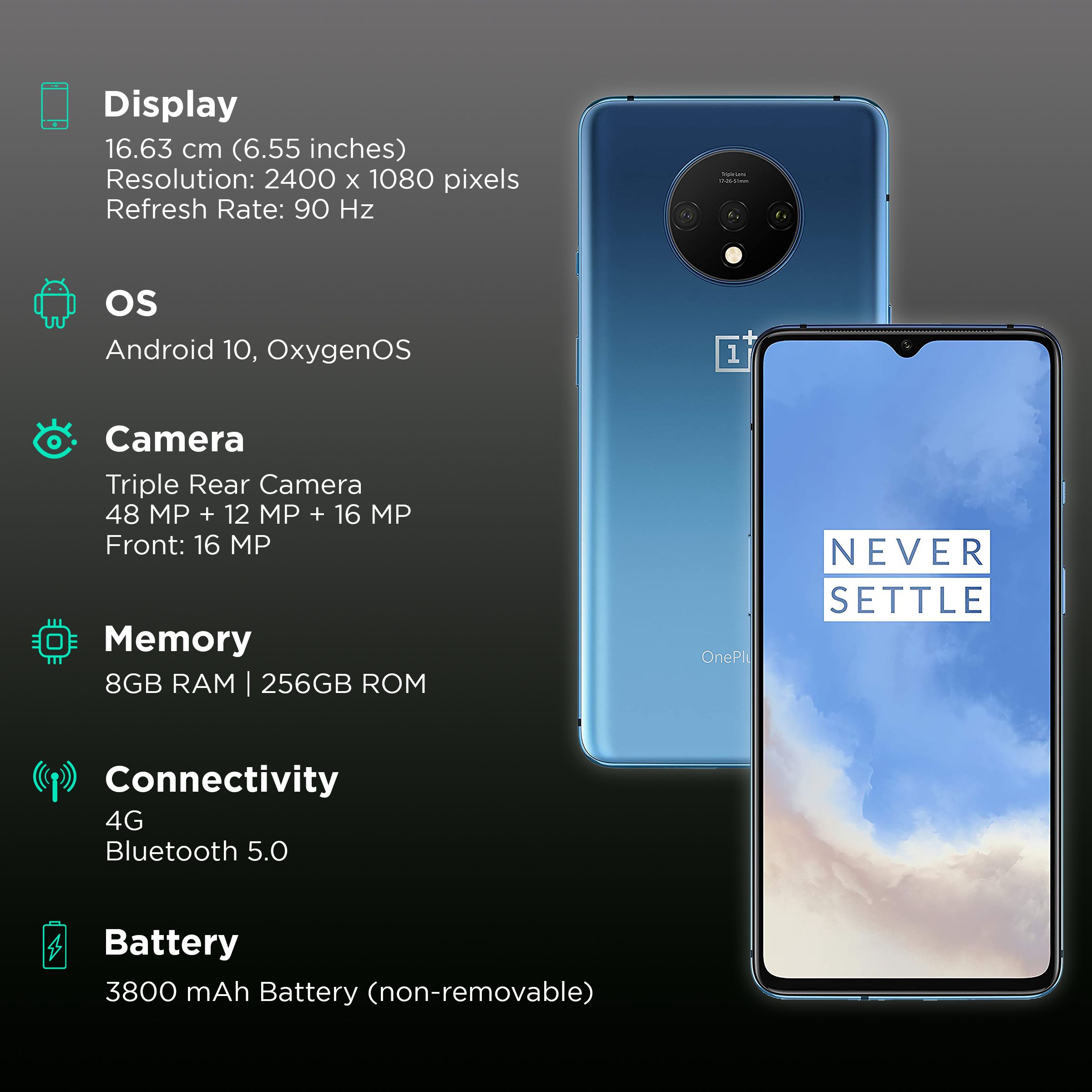 Buy Refurbished OnePlus 7T (8GB RAM, 256GB, Glacier Blue